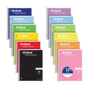 Oxford Spiral Notebooks, 12 Count Bulk Pack, 1 Subject, College Ruled Notebooks for School, 8 x 10.5 Inches, 70 Sheets, Assorted Colors, Back to School Supplies (65205)