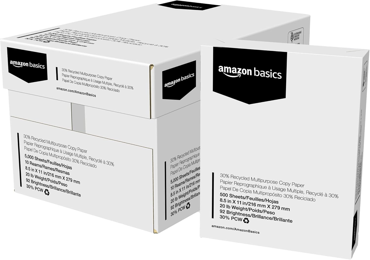 Amazon Basics 30% Recycled Multipurpose Copy & Print Paper, 8.5 x 11 Inches, 20 lb Weight, 92 Bright, White, FSC Certified, 5000 Sheets (10 Reams)