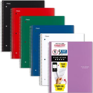 Five Star Spiral Notebook + Study App, 6 Pack, 5 Subject, College Ruled Paper, Fights Ink Bleed, Water Resistant Cover, 8-1/2″ x 11″, 200 Sheets, Assorted Colors (73793)