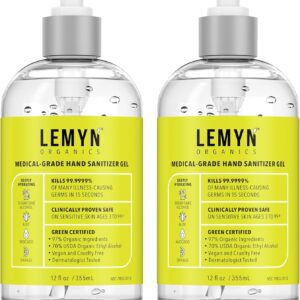 Lemyn Organics Medical‑Grade Hand Sanitizer Gel – 97 % Organic | 70 % USP Ethyl Alcohol | Moisturizing Aloe + Hyaluronic Acid | Freshly Made in USA | 12oz Bottle with Pump (PACK OF 2)