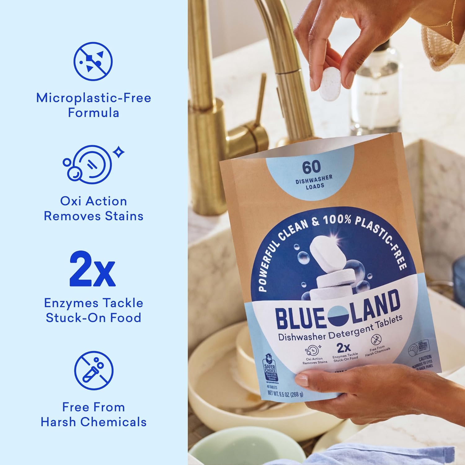 BLUELAND 100% Plastic-Free Dishwasher Detergent Tablets, 60 Count, Free & Clear, Eco-Friendly Dishwashing Pods, Natural, USDA Certified biobased - Image 3