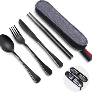 Reusable Travel Utensils Set with Case, Premium Stainless Steel Flatware, Portable Silverware for Lunch, Camping, Picnic, Travel Fork and Spoon Set, To Go Utensils, Dishwasher Safe