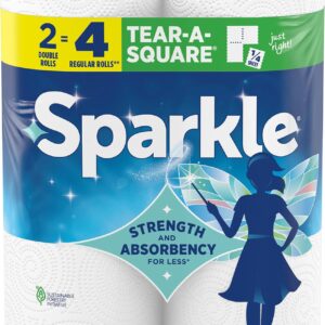 Sparkle Tear-A-Square Paper Towels, 2 Double Rolls (220 Sheets Total) – Strong 2-Ply Towels for Kitchen Cleanup and Everyday Messes