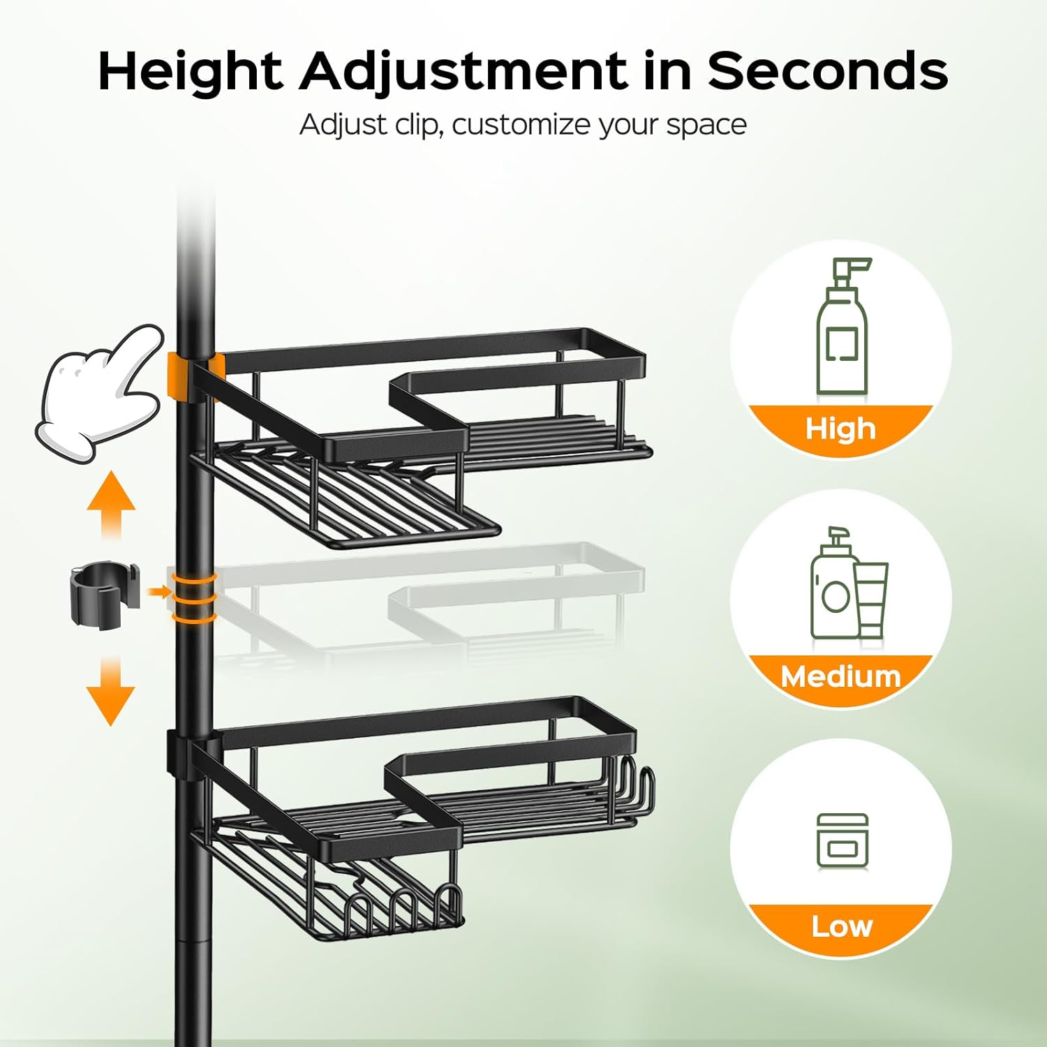 HAMITOR Shower Caddy Tension Pole: 4-Tier Corner Rustproof Bathroom Organizer with Soap Holder & Hooks - No-Drill Adjustable Shower Shelf for Renters - Family Stand Storage Rack - 47-123 Inch Black - Image 4