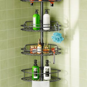 HAMITOR Corner Shower Caddy Tension Pole: 4-Tier Rust-Resistant Adjustable Bathroom Organizer Shelves – 47-121 Inch No-Drill Quick Installation – Space-Saving Storage for Renters Families – Black