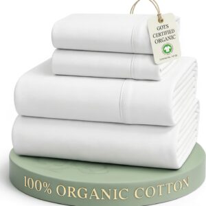 LANE LINEN Eco Friendly 100% Organic Cotton Queen Sheet Set, Soft & Comfy Fully Elasticized 15″ Deep Pocket Bed Sheets, Low Pill Naturally Cooling Machine Wash Sábanas Queen- White Bed Sheets