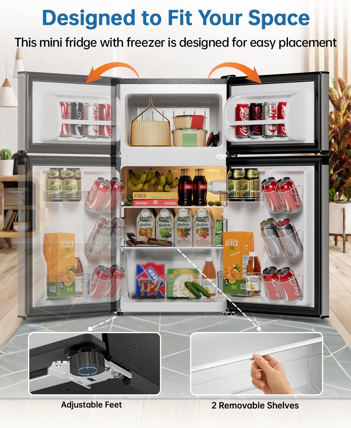 3.2 Cu Ft Mini Fridge with Freezer - Energy Efficient, Double Door Upright Freezer for Bedroom, Office & Dorm | Small Fridge, Glass Shelves,Interior Light,ETL Certified,etc(Silver) - Image 6