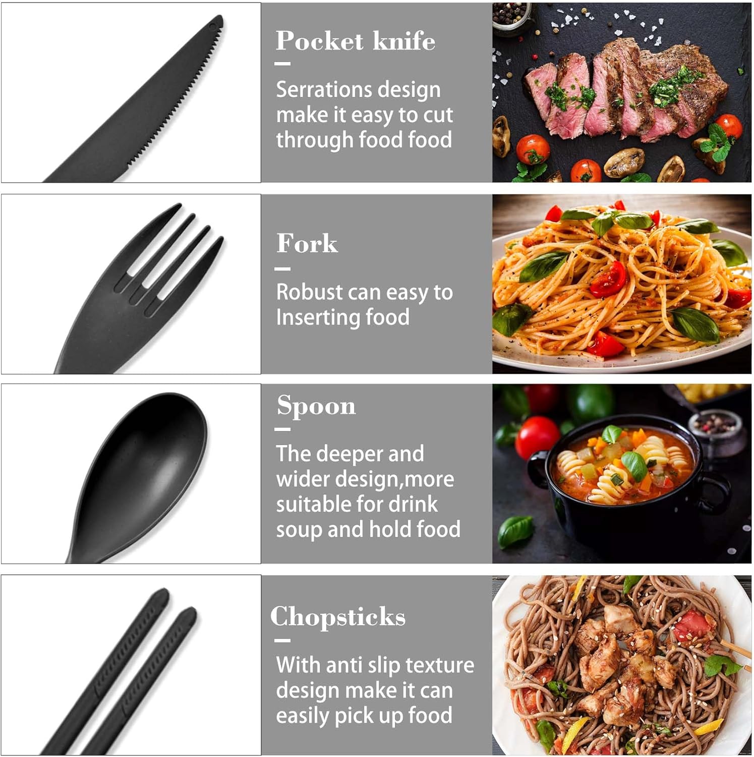 Large Reusable Travel Utensils Set with Case, Plastic Set for Adults Travel Picnic Camping, Portable Flatware Cutlery Set with Chopsticks for Daily Use(Black) - Image 7