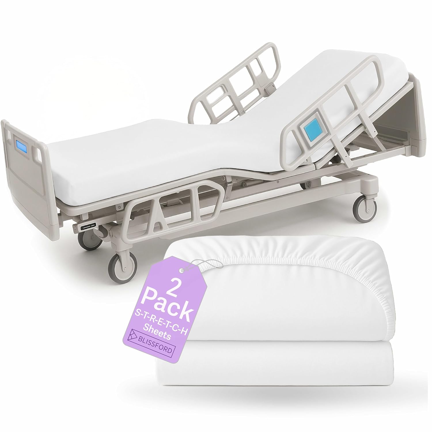 BLISSFORD - 2 Pack Fitted Hospital Bed Sheets with Elastic All Around for a Cotton Rich Soft Knitted Jersey Sheet, 36” x 84” x 12”