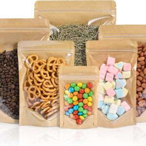 FireKylin 100PCS Stand Up Pouches 3.5″x5.5″ Paper Bags With Window Clear Front Pouches Resealable Zipper Food Storage Brown