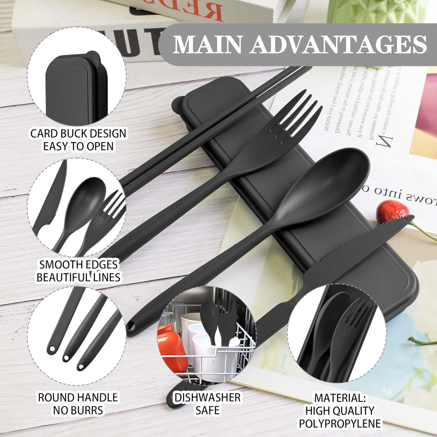 Large Reusable Travel Utensils Set with Case, Plastic Set for Adults Travel Picnic Camping, Portable Flatware Cutlery Set with Chopsticks for Daily Use(Black) - Image 6