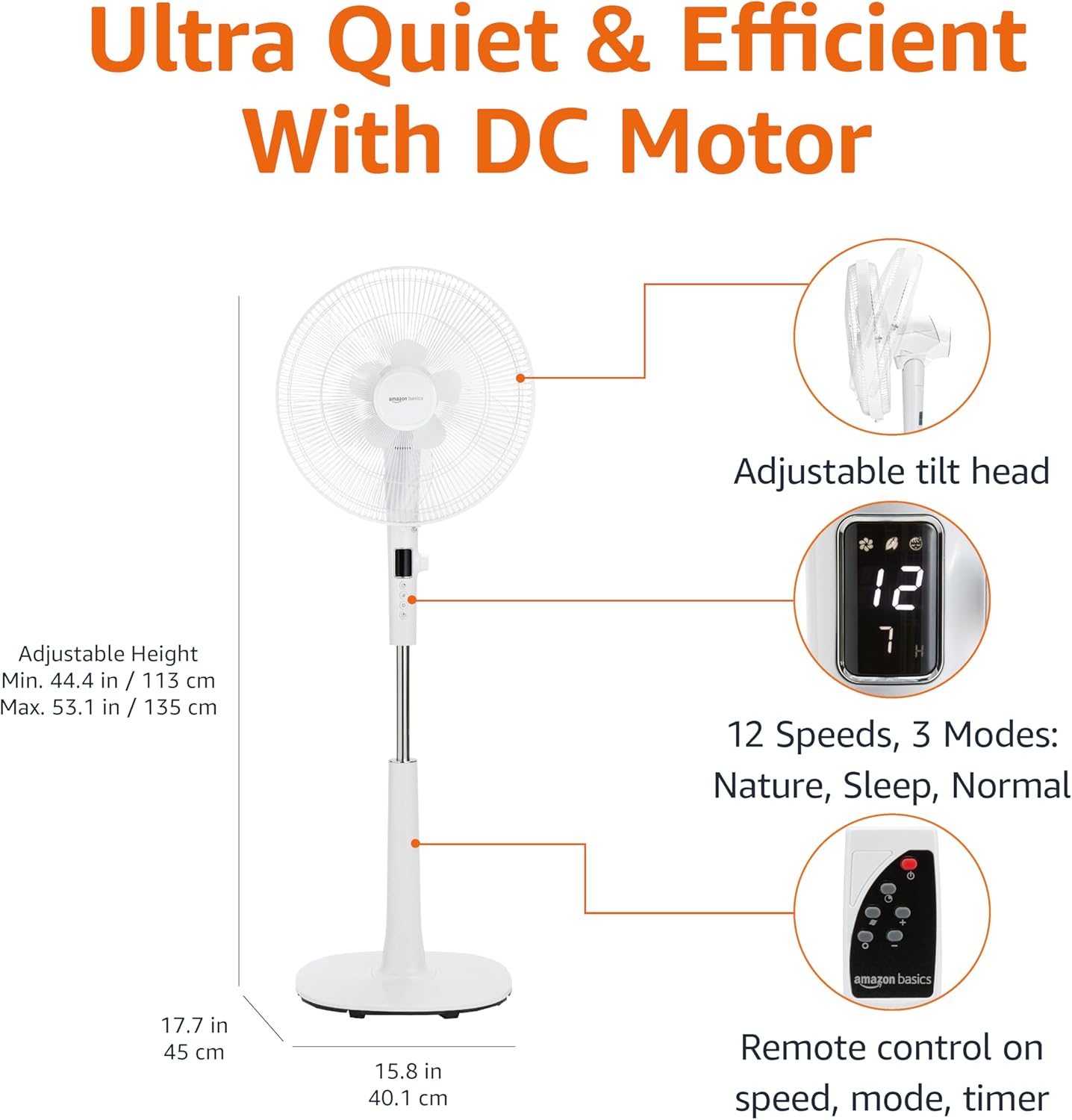 Amazon Basics 16-inch Quiet DC Motor Standing Floor Fan for Bedroom, 12 Speed with Remote, 3 Breeze Modes, Adjustable Height, Dual-Layered Blades, Timer, Energy Efficient (28W), White - Image 2