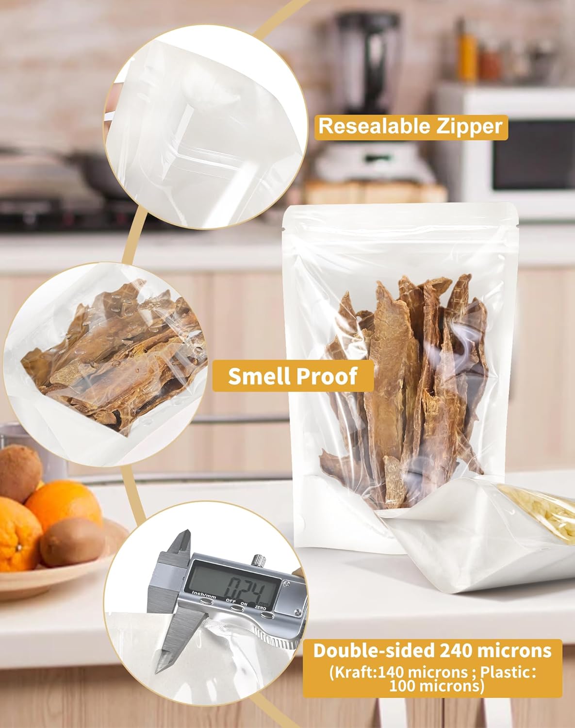 FireKylin 100 PCS Stand Up Pouches,5.5" x 7.9" Paper Bags With Window Clear Front Pouches Resealable Zipper Food Storage White - Image 4