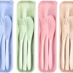 Lnrkai Travel Utensils Set with Case, 4 Sets Wheat Straw Reusable Spoon Knife Forks Tableware, Portable Cutlery Set for Lunch Box Accessories for Adults Travel Picnic Camping or Daily Use