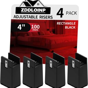 Bed Risers with Adjustable Screw Clamp, Fits Thickness of Furniture Frame from 0 to 1.5 Inch, Furniture Risers 4 Inch Heavy Duty Risers for Table Cabinet Support up to 5000lbs (4Pack, Black)