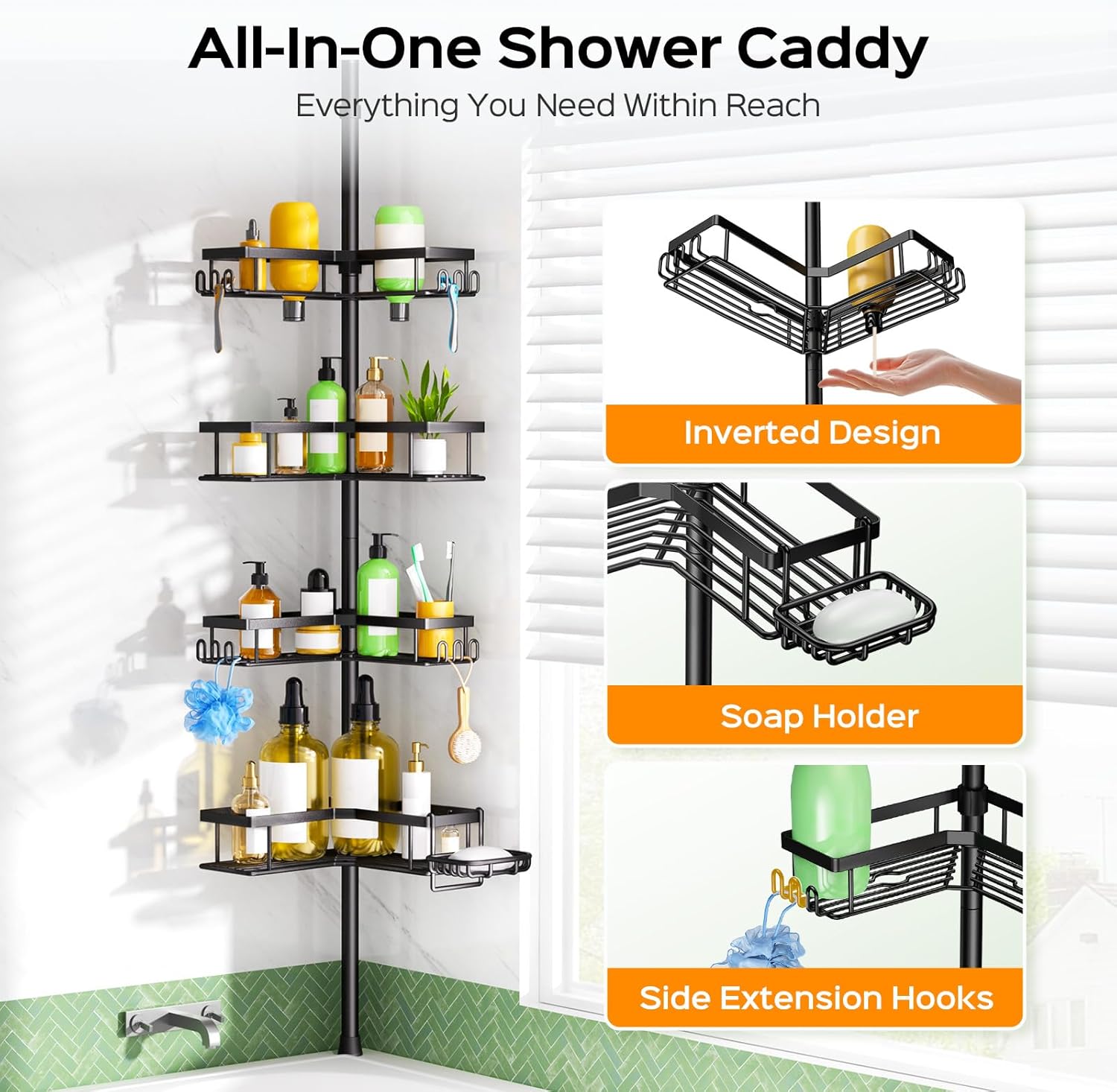 HAMITOR Shower Caddy Tension Pole: 4-Tier Corner Rustproof Bathroom Organizer with Soap Holder & Hooks - No-Drill Adjustable Shower Shelf for Renters - Family Stand Storage Rack - 47-123 Inch Black - Image 6