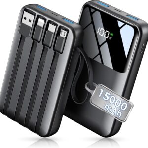Power Bank, 15000mAh Portable Charger with Built in Cable, 22.5W Fast Charging, 6 Outputs, Slim Travel Essential Battery Pack with LED Display, Compatible with iPhone 17/16/15/14/13, iPad Black