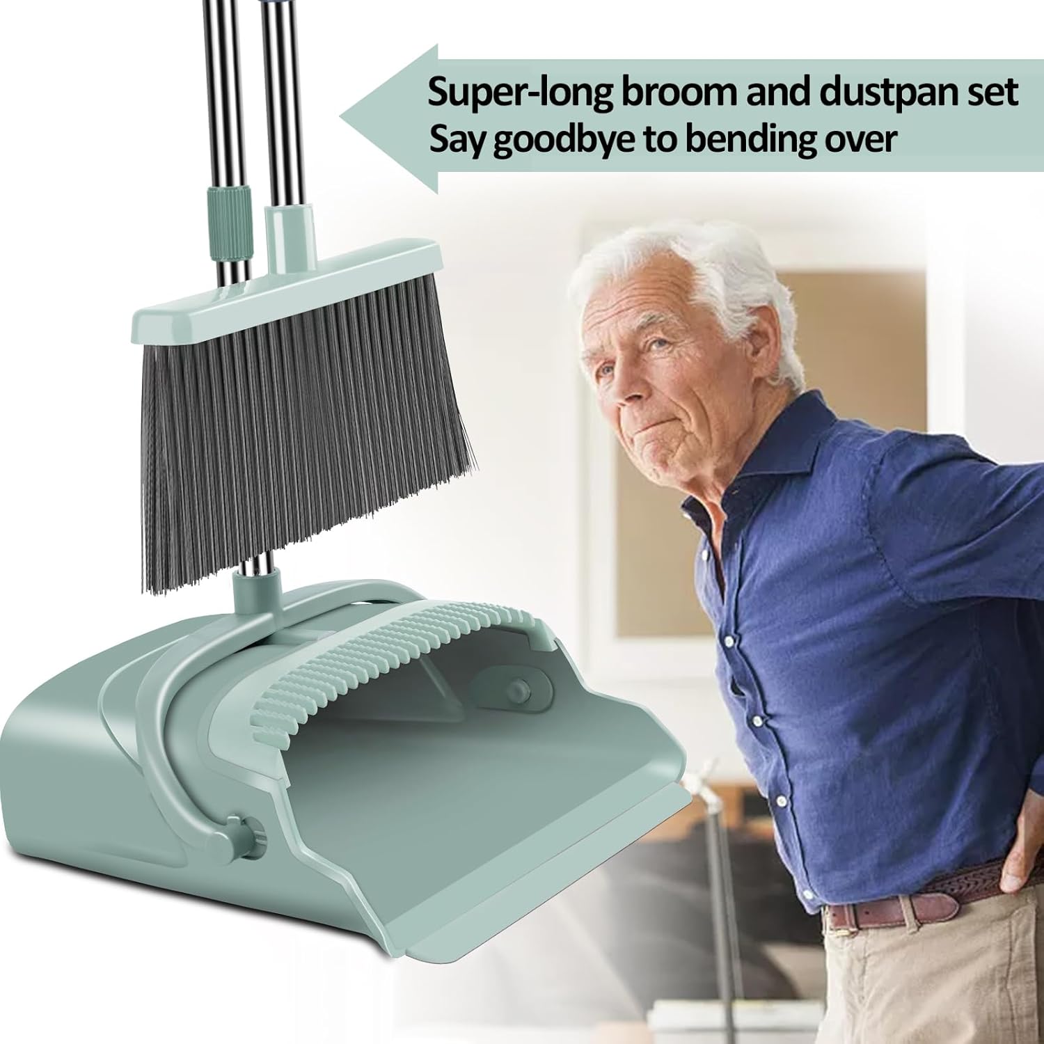 Upgrade Broom and Dustpan Set, Large Size and with Long Handle, Upright,Ideal for Indoor Outdoor Garage Kitchen Room Office Lobby Use (Green) - Image 4