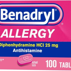 Benadryl Ultratabs Allergy Medicine, 25 mg Diphenhydramine HCl Antihistamine Tablets For Cold & Allergy Relief of Symptoms Like Sneezing, Runny Nose, Itchy Eyes & Throat, Hay Fever, 100 Count Tablets