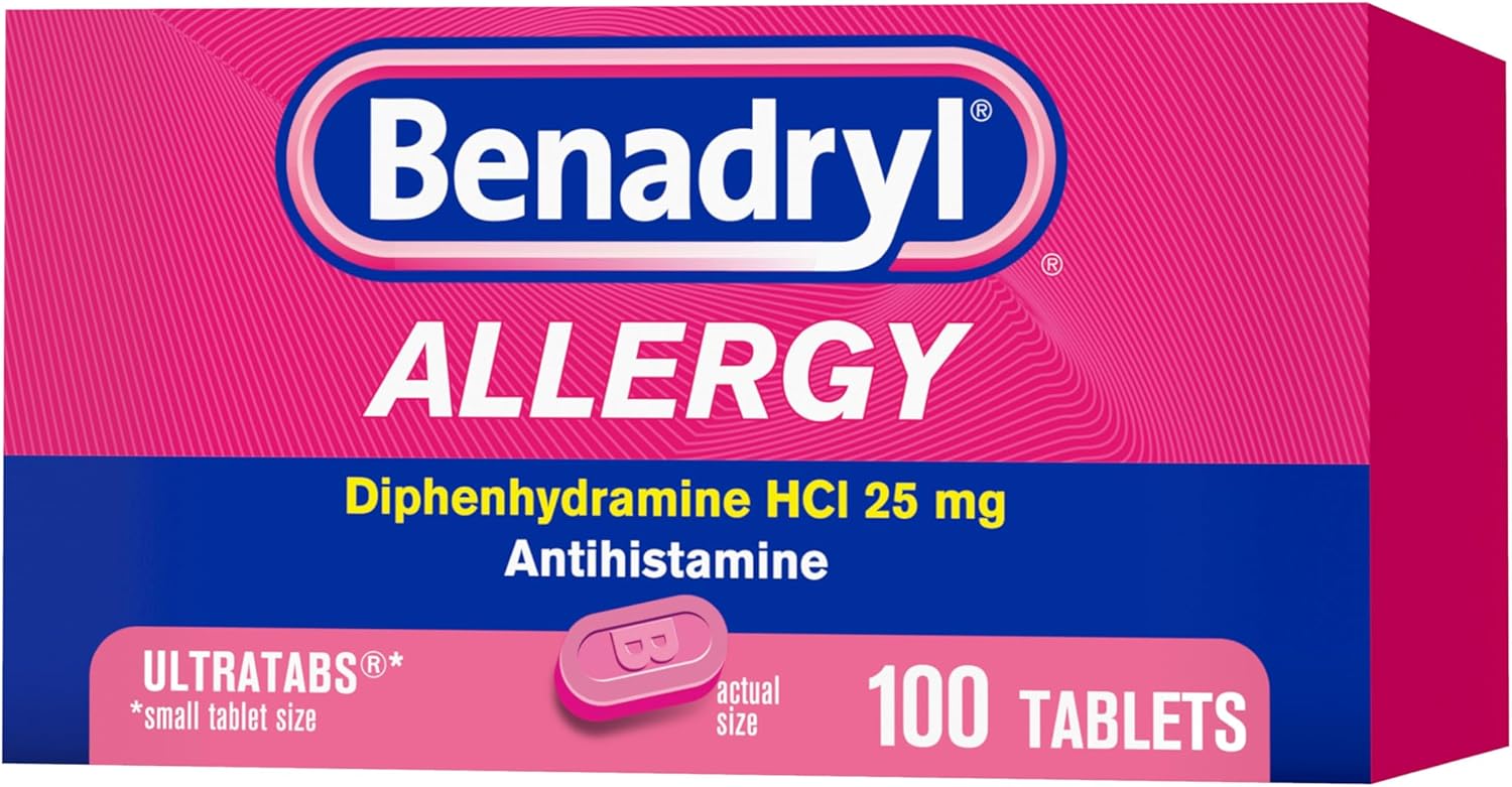 Benadryl Ultratabs Allergy Medicine, 25 mg Diphenhydramine HCl Antihistamine Tablets For Cold & Allergy Relief of Symptoms Like Sneezing, Runny Nose, Itchy Eyes & Throat, Hay Fever, 100 Count Tablets