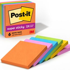 Post-it Super Sticky Notes, 3×3 in, 6 Pads, 2X The Sticking Power, Energy Boost Collection, Bright Colors (Orange, Pink, Blue, Green),Recyclable (654-6SSAU)