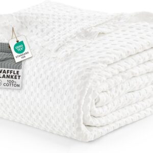 Utopia Bedding 100% Cotton Waffle Weave Blanket Queen Size for Bed – Lightweight, Breathable Summer Blankets Soft and Cozy, Gifts for Women Home Room Decor (White, 90×90 Inch)