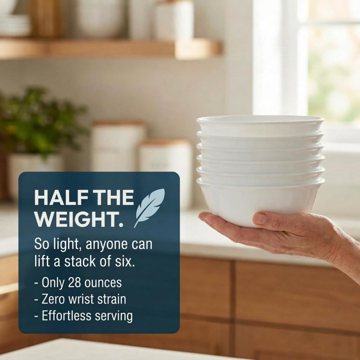 Corelle Vitrelle 28-oz Soup/Cereal Bowls Set of 6 Chip & Crack Resistant Dinnerware Bowls for Soup, Ramen, Cereal and More, Triple Layer Glass, Winter Frost White - Image 2