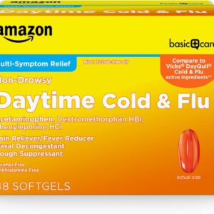 Amazon Basic Care Daytime Cold & Flu Liquid Caps; Cold Care for Daytime Cold and Flu, Orange, 48 Count (Pack of 1)