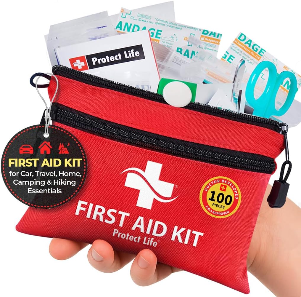 Protect Life First Aid Kit, Travel First Aid Kit for Car, 100 Piece Compact Emergency Preparedness Starter Kit for Home, Office, Camping, Hiking