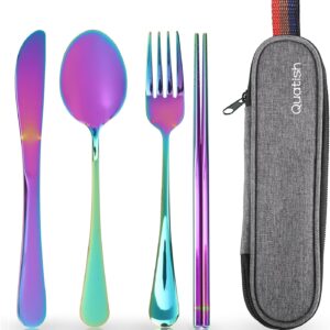 Travel Utensils with Case, Quatish Portable Silverware Set for Work, Stainless Steel Reusable Travel Cutlery Set, Fork and Spoon Set for Camping, Picnic, Gadgets, Lunch Box for Men, Rainbow