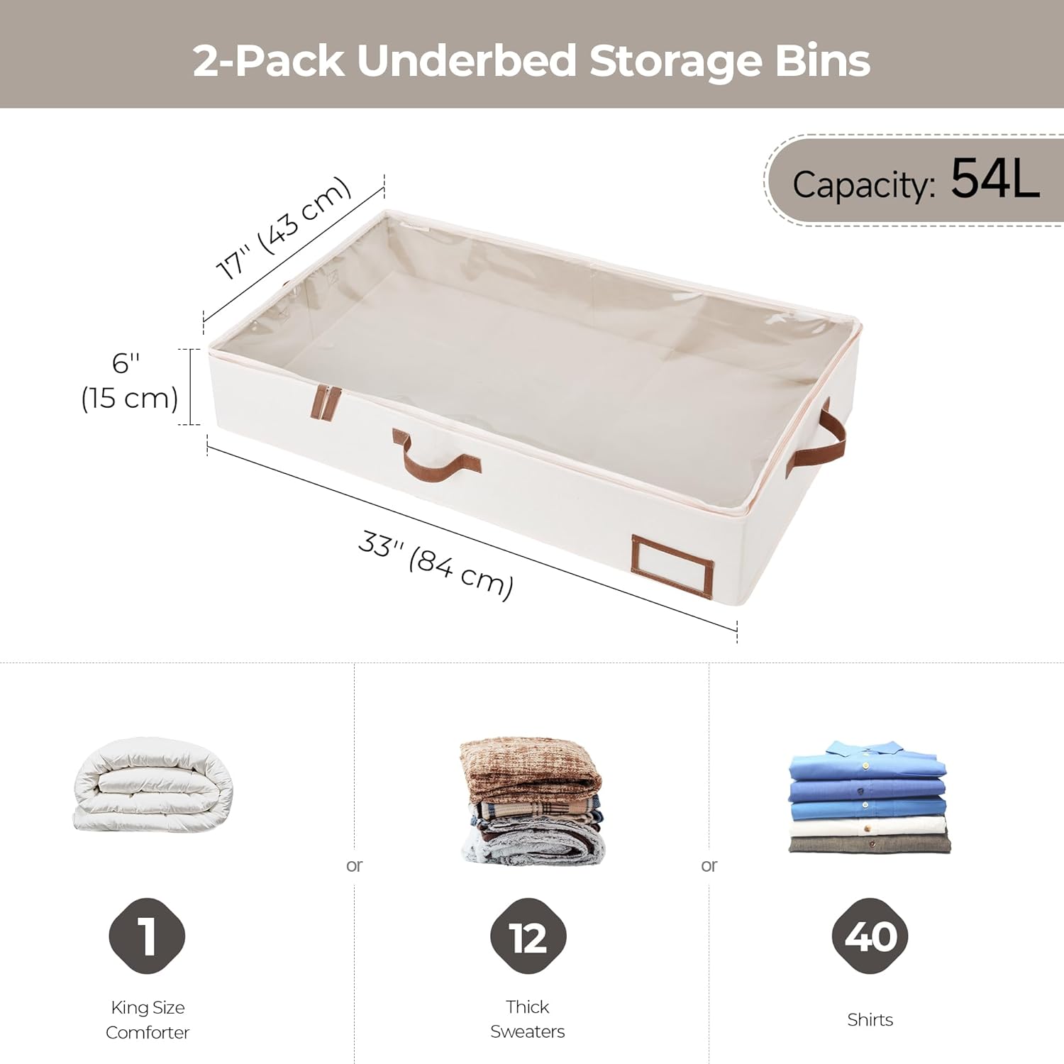 StorageWorks Large Under Bed Storage Containers with Handles and Label Holder, 2 Pack Ultra-thick Fabric Underbed Bins, Closet Organizer for Clothes, Blankets, Sweater - Image 7