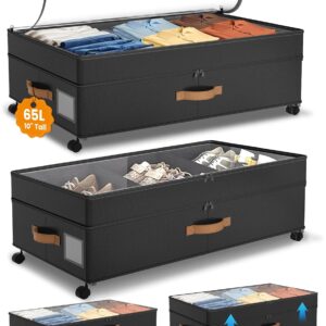 Under Bed Storage with Wheels, 10 inches Under Bed Storage Containers, 65L XXL Large Adjustable Underbed with Lids, Rolling Underbed Storage bins for Shoes, Clothes, Blankets, Black