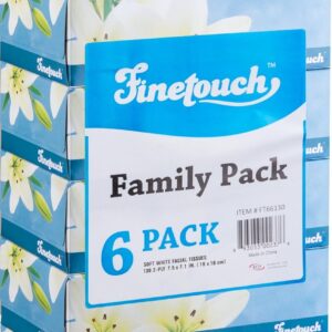 Finetouch Facial Tissues, 2-Ply Soft Facial Tissue – 6 Boxes, 130 Sheets Per Box (780 Total Sheets), Gentle & Durable Tissue Boxes Bulk for Home, Office & Travel