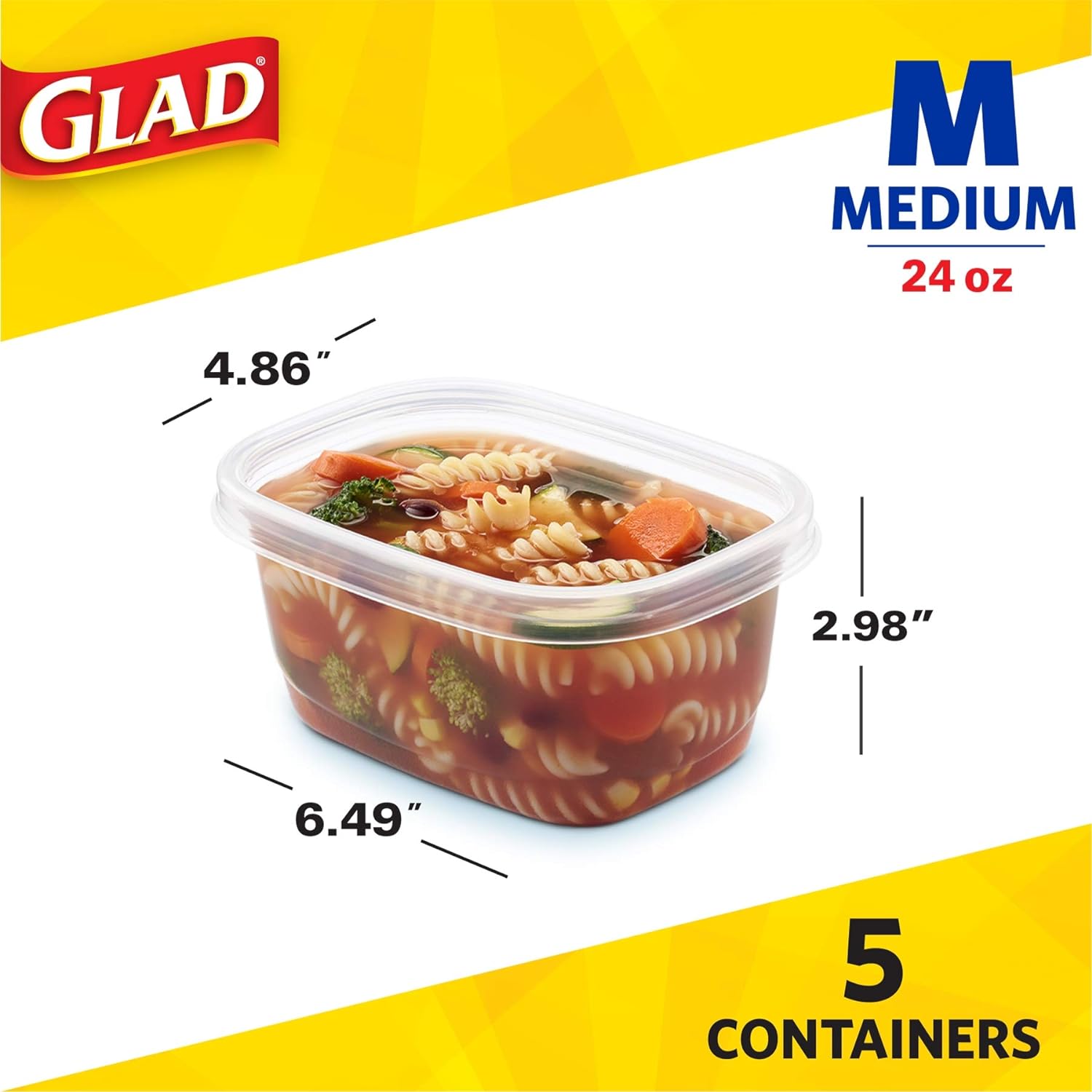 Glad GladWare Medium Rectangle Food Storage Containers with Lids, BPA Free Plastic for Soups Salads and Meal Prep, Airtight Leak Resistant, Microwave Dishwasher Freezer Safe, 24 Oz, 5 Count - Image 4