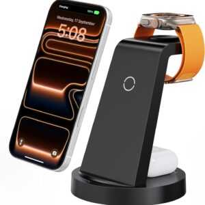 Anlmz 3 in 1 Charging Station for iPhone, Wireless Charger for iPhone 17 16e 16 15 14 13 12 11 X Pro Max & Apple Watch – Wireless Charging Station for AirPods 4 3 Pro