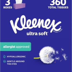 Kleenex Ultra Soft Facial Tissues, 3 Flat Boxes, 120 Tissues per Box, 3-Ply (360 Total), Packaging May Vary