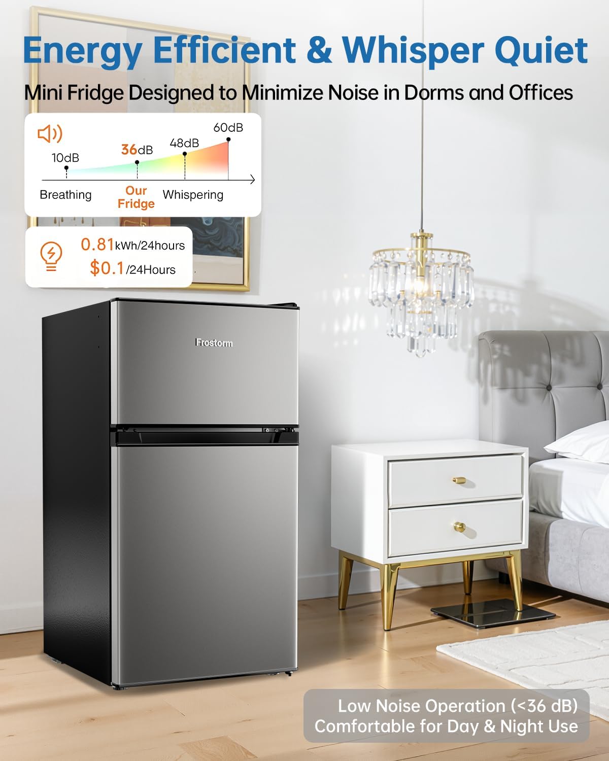 3.2 Cu Ft Mini Fridge with Freezer - Energy Efficient, Double Door Upright Freezer for Bedroom, Office & Dorm | Small Fridge, Glass Shelves,Interior Light,ETL Certified,etc(Silver) - Image 4