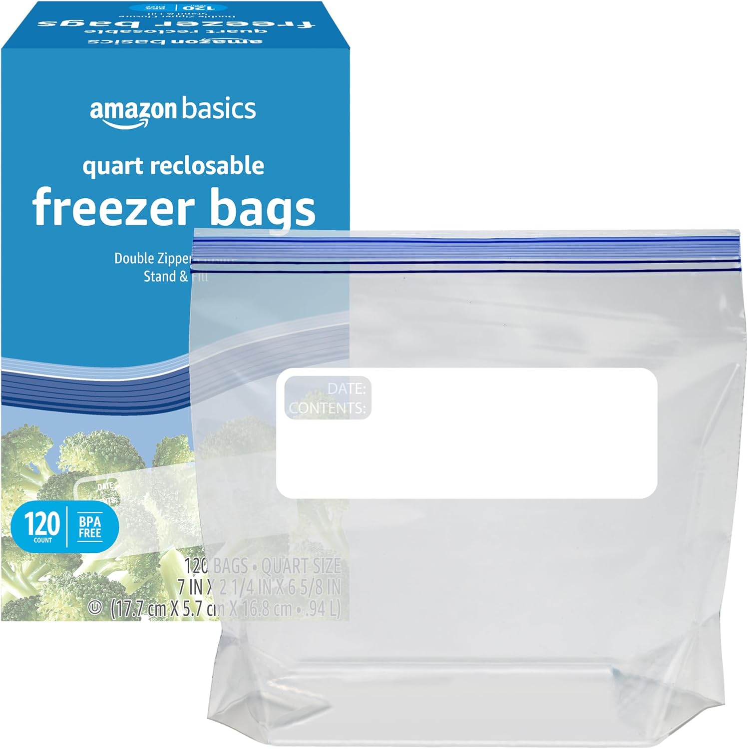 Amazon Basics Reclosable Freezer Quart Food Storage Bags with Zipper Seal, BPA Free, Stand and Fill, Airtight, 120 Count (Previously Solimo) - Image 3