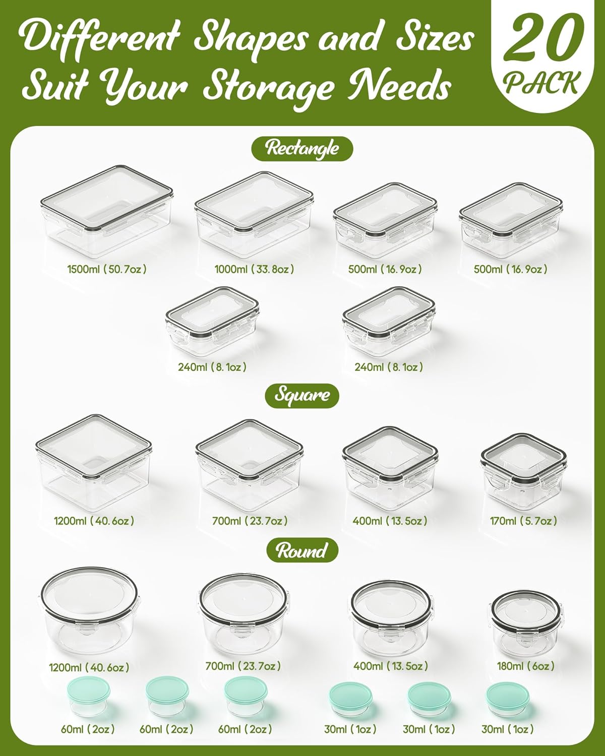 40 Piece Food Storage Containers with Lids(20 Containers & 20 Lids), BPA-Free Plastic Food Containers for Kitchen Storage and Organization, Leak Proof Meal Prep Container, Includes Labels & Pen - Image 2