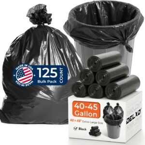 Delxo 40-45 Gallon Trash Bags, 125 Count, 40×48” Large Black Garbage Bags – Light-to-Medium Duty Star-Seal Can Liners for Home, Kitchen, Yard & Office – Bulk Value Pack, Made in USA