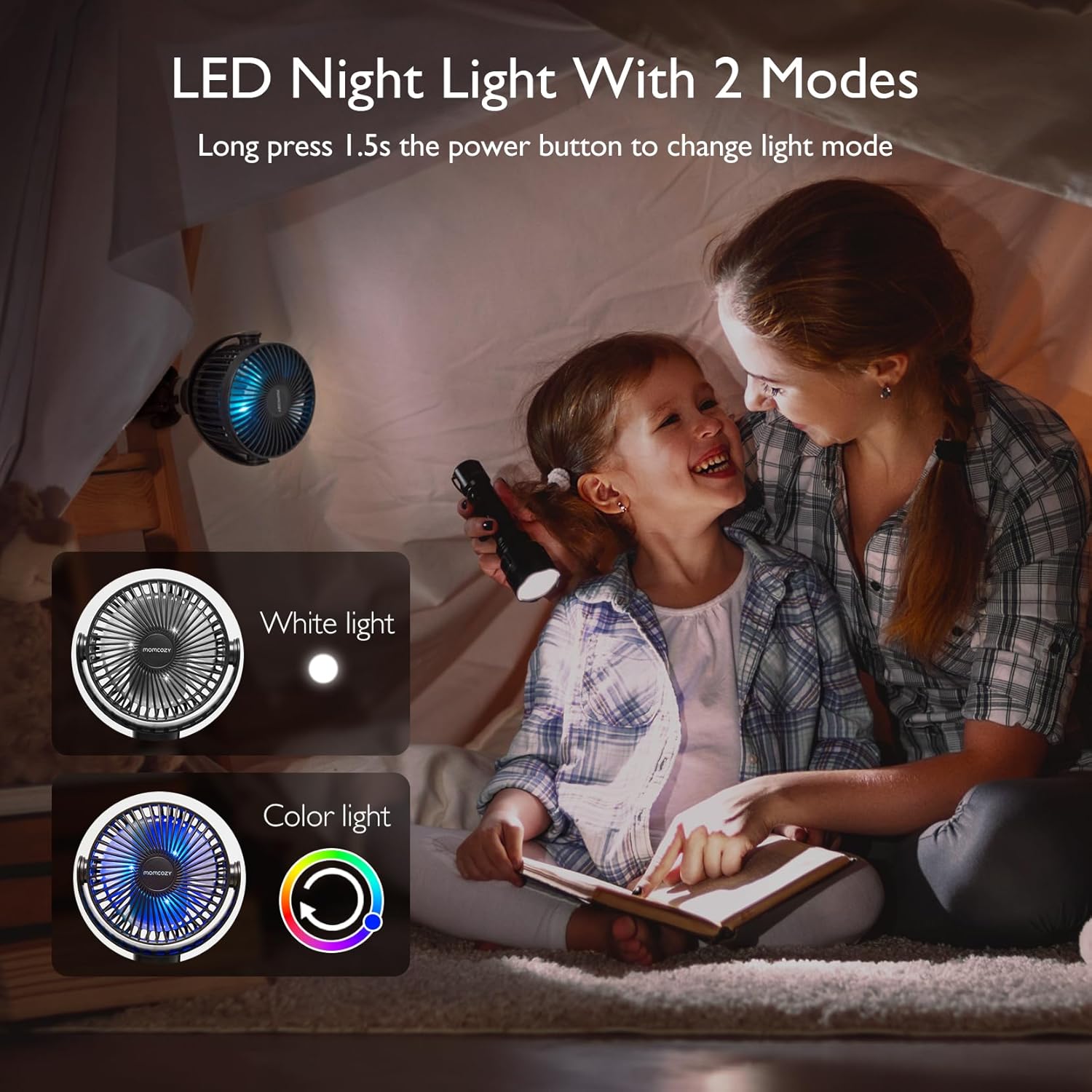 Momcozy 8000mAh Portable Stroller Fan | 27H Ultra-long Battery Life | Detachable 4 Speed 360°Rotate | 2 Modes LED Night Light, USB Rechargeable Handheld Cooling Fan for Travel, Car Seat, Bedroom - Image 6
