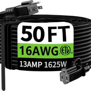 HUANCHAIN Indoor Outdoor Black Extension Cord 50 ft Waterproof, 16/3 Gauge Flexible Resistant Appliance Extension Cord Outside, 13A 1625W 16AWG SJTW, 3 Prong Electric Cable, ETL Listed