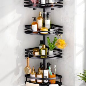 HAMITOR Shower Caddy Tension Pole: Rustproof Bathroom Corner Shelf for Renters, 47-121inches Adjustable Organizer with Soap Holder-Large Capacity Rack for Shampoo Storage Home Accessory – Black