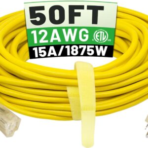 POWGRN 50 ft 12/3 Outdoor Extension Cord Waterproof Heavy Duty with Lighted Indicator End 12 Gauge 3 Prong, Flexible Cold-Resistant Long Power Cord Outside, 15Amp 1875W SJTW Yellow ETL Listed