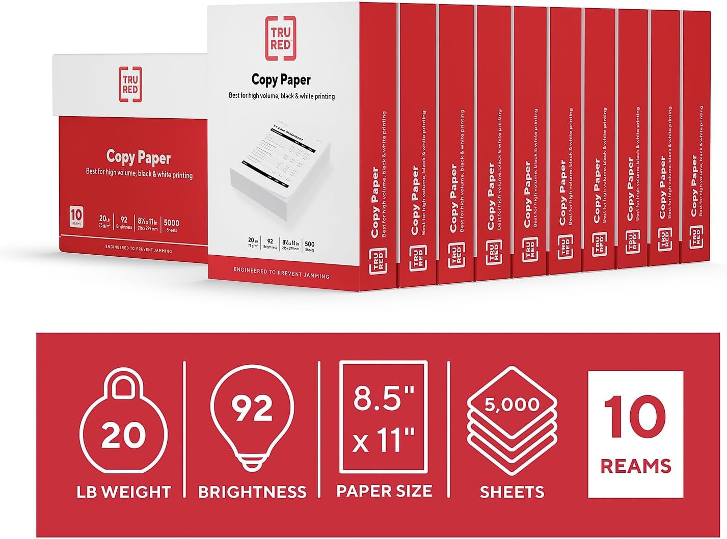 Staples TRU RED Copy & Printer Paper, 8.5 x 11, 20 lb, 92 Bright, 5,000 Sheets/Carton, White Letter Size Paper for Office, School & Home - Image 2