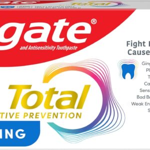 Colgate Total Whitening Toothpaste Paste, 5.1 oz, 2 Pack, Fluoride Antibacterial for Plaque, Gingivitis, Sensitivity, Stain Removal, Clinically Proven, Mint