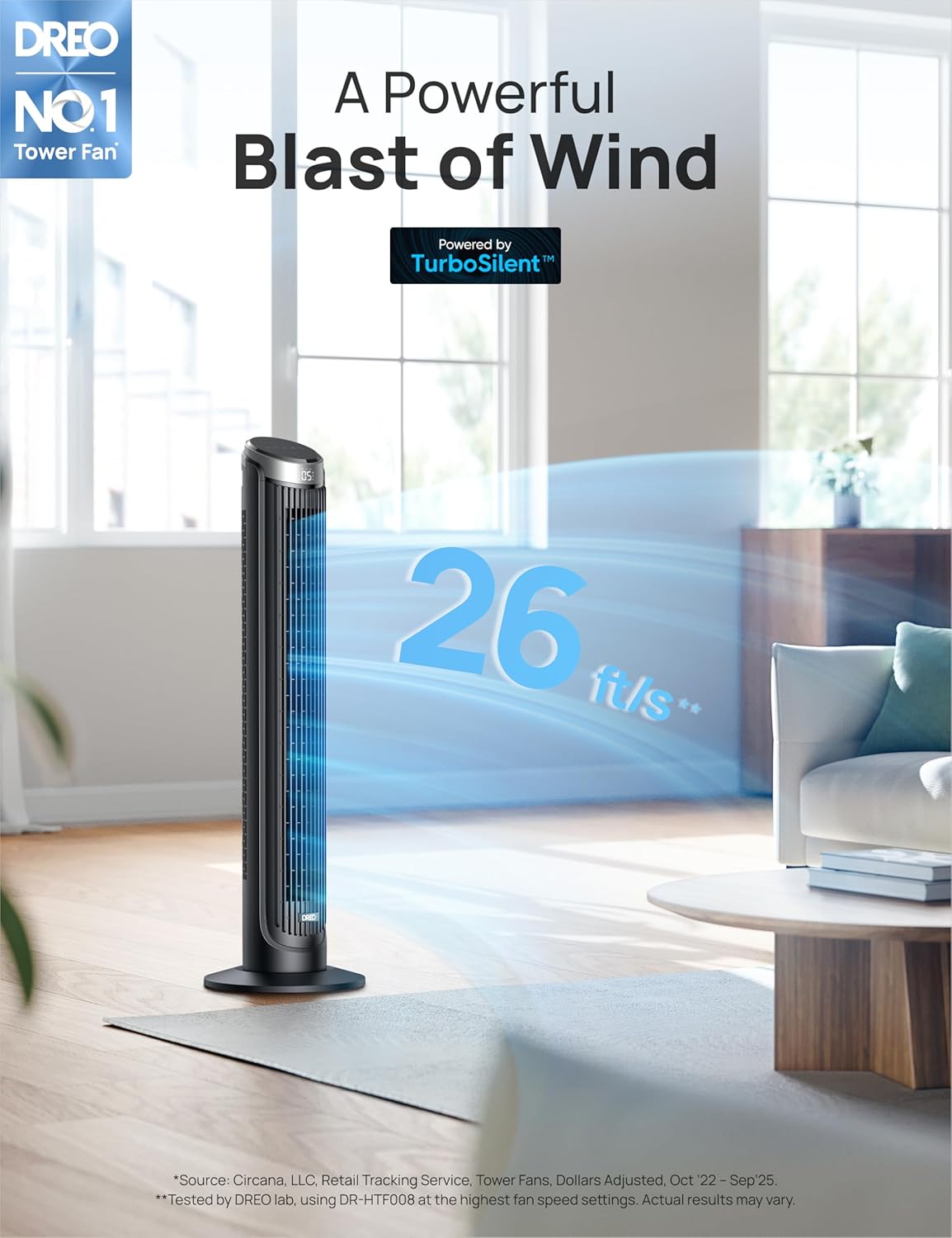 DREO Tower Fan for Bedroom, 90° Oscillating Fans that Blow Cold Air, 5 Speeds, 4 Modes with 26ft/s Velocity, 12H & 28dB Quiet Timer, Remote, Touch, 40" Standing Floor Fan for Home Office, Black - Image 2