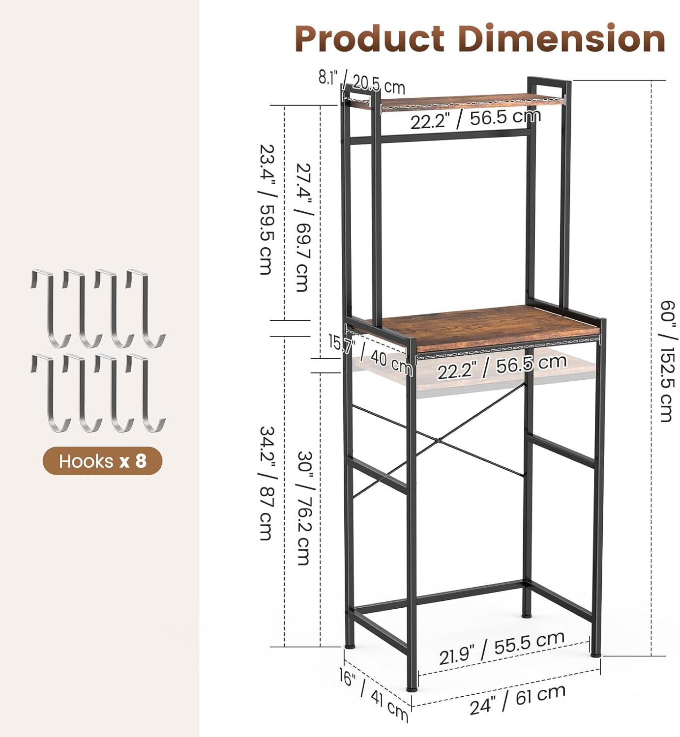 Housolution Mini Fridge Stand with Storage, 2-Tier Kitchen Microwave Stand with Storage Mini Fridge Shelf Height Adjustable Bakers Rack with 8 Hooks for Dorm, Living Room, Offices - Image 2