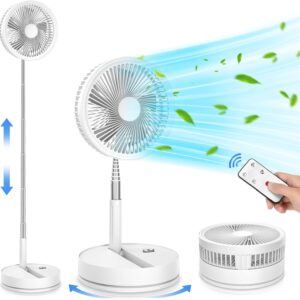 Portable Foldable Rechargeable Oscillating Fan – 8.6″ 8000mah Battery Operated USB C Small Fan with Remote Quiet Table Desk Fan Folding Standing Pedestal Fan for Bedroom Rome Office Camping Travel