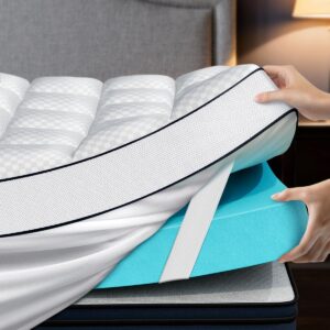 Dual Layer 4 Inch Memory Foam Mattress Topper Queen Size, 2″ Cooling Gel Memory Foam & 2″ Pillow Top Bed Topper, CertiPUR-US Mattress Cover for Pressure Relief, 21″ Deep Pocket, White
